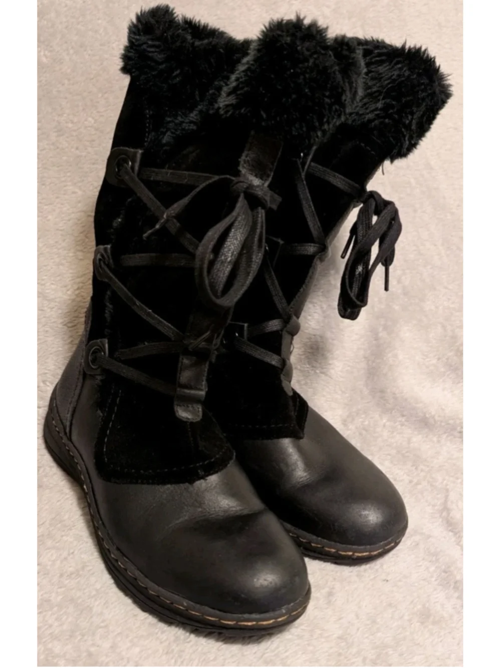 Bare Traps Aide Women's 8.5M Side Zip Up Leather Boots Lace Up Faux Fur B233